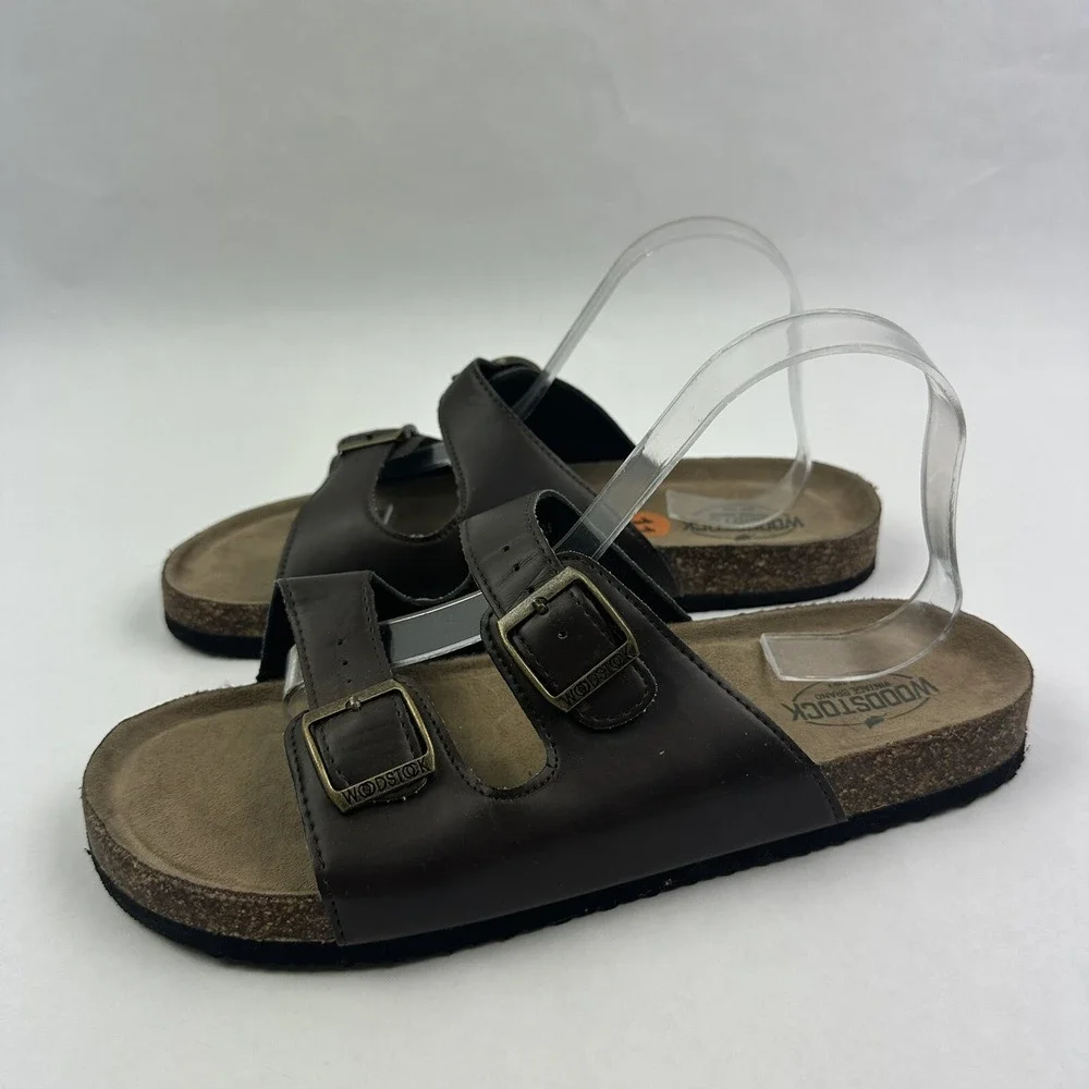 Woodstock Vintage Brand Slide Sandals Mens 11 Brown Double Buckle Cork Footbed